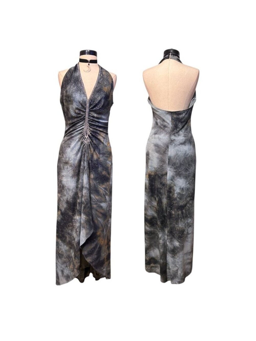 Y2K Galaxy Print Halter Maxi Dress Rhinestone Black Gray Bodycon Size med
